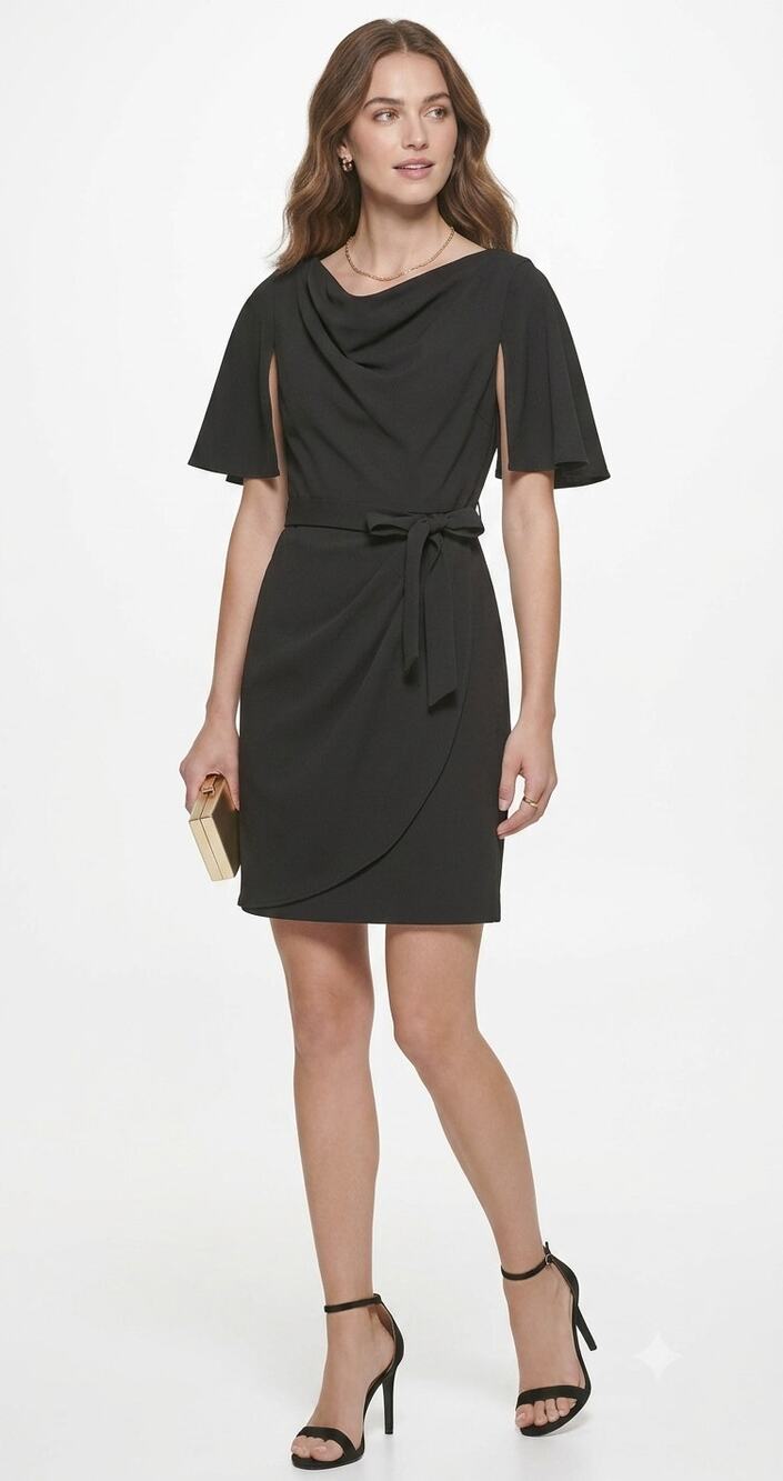 DKNY Black Belted Wrap Dress 2 NWT Flutter Sleeve Cowl Neck LBD Work Cocktail